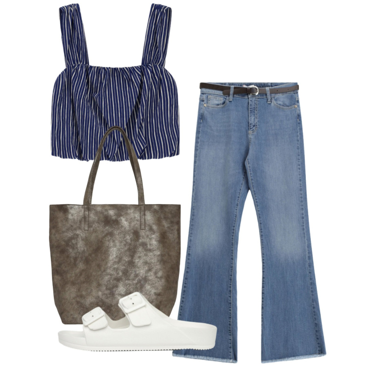 Outfit donna - Spalline larghe. Stile Casual per Tutti i giorni. Abbinamento con shopping bag, ciabatte, jeans, top.