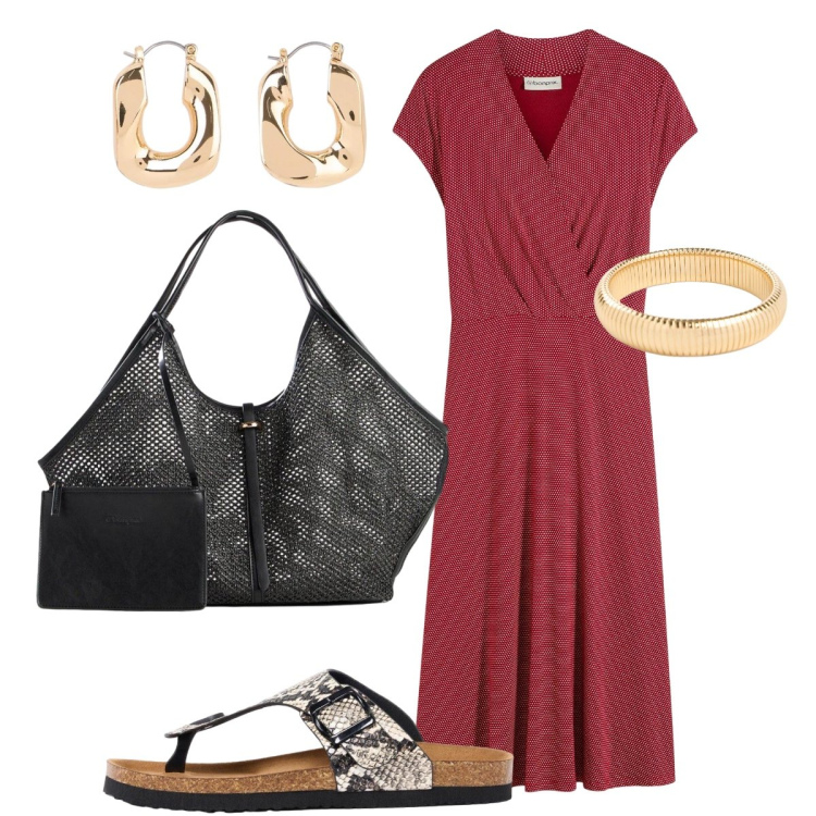 Outfit donna - Cena con tramonto. Stile Chic per Serata fuori. Abbinamento con vestiti midi/longuette, braccialetti, shopping bag, orecchini, infradito.
