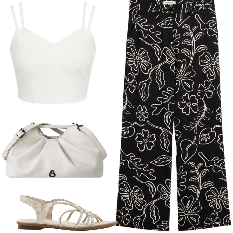 Outfit donna - Stampe sofisticate. Stile Glamour per Serata fuori. Abbinamento con sandali, pantaloni, top, clutch.
