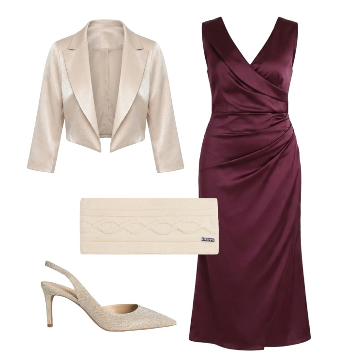 Outfit donna - Tocco di classe. Stile Chic per Serata fuori. Abbinamento con décolleté, vestiti midi/longuette, bolero, accessori per capelli.