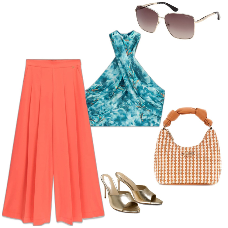 Outfit mujer - Casual chic #10966. Estilo Casual chic para Ceremonia. Combinación con pantalones palazzo, top, bolsos de mano, sandalias de tacón, gafas de sol.