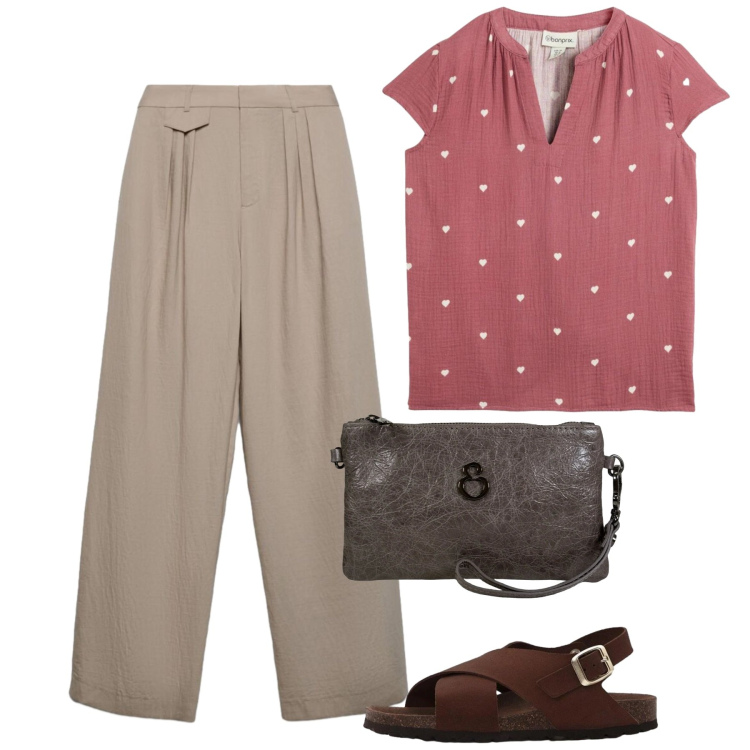 Outfit donna - Agosto. Stile Bon Ton per Ufficio. Abbinamento con tuniche, sandali in pelle, pantaloni, pochette.