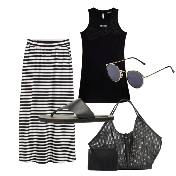 Outfit donna - Agosto. Stile Bon Ton per Tutti i giorni. Abbinamento con gonne lunghe, occhiali da sole, shopping bag, infradito, vestiti corti.