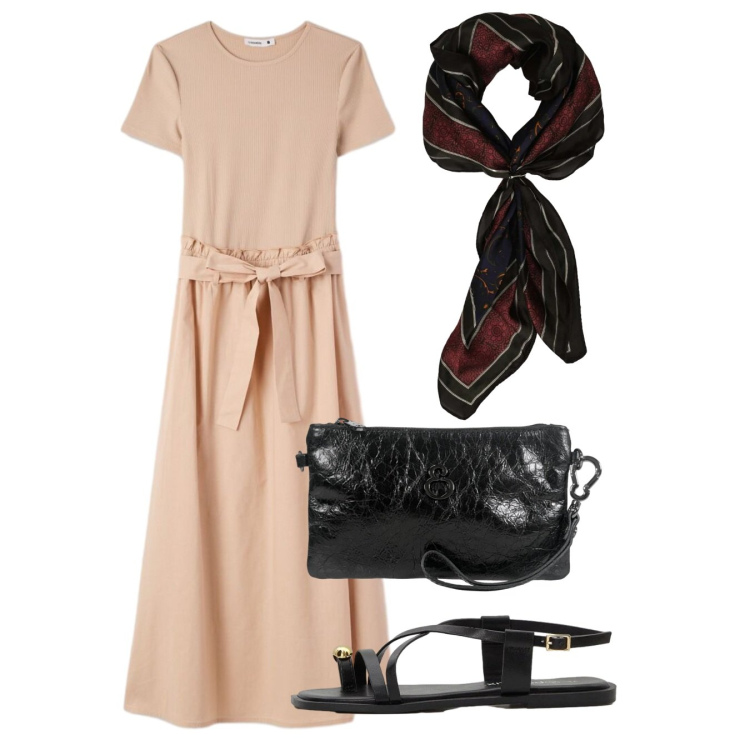 Outfit donna - Agosto. Stile Bon Ton per Ufficio. Abbinamento con sandali, vestiti lunghi, foulard, pochette.