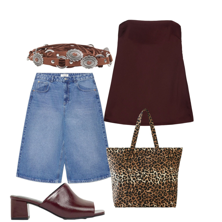 Outfit donna - Agosto. Stile Casual chic per Tutti i giorni. Abbinamento con shopping bag, ciabatte, cinture, pantaloni corti, top.