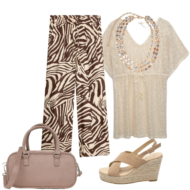 Outfit donna - Sfumature naturali. Stile Glamour per Tutti i giorni. Abbinamento con sandali col tacco, pantaloni, caftani, borse a tracolla, collane.