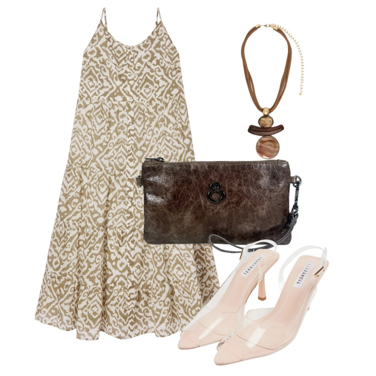Outfit donna - Agosto. Stile Bon Ton per Tutti i giorni. Abbinamento con vestiti lunghi, sandali col tacco, ciondoli, pochette.