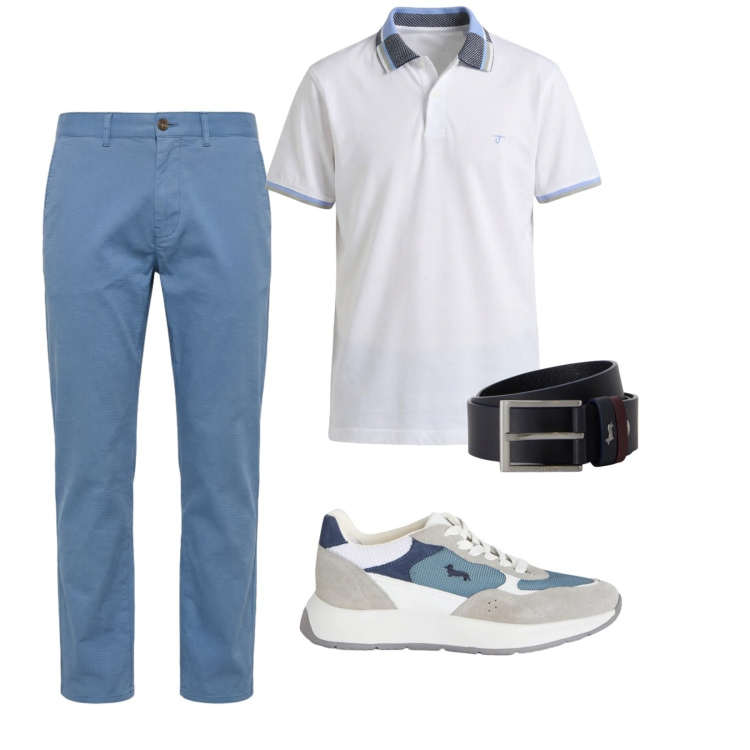 Outfit uomo - Passeggiata di fine estate. Stile Casual per Tutti i giorni. Abbinamento con sneakers, pantaloni, polo, cinture.