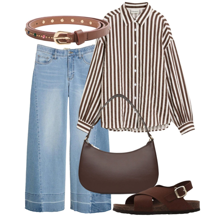 Outfit donna - Mannish a righe. Stile Mannish per Tutti i giorni. Abbinamento con jeans, camicie, sandali in pelle, borse a tracolla, cinture.
