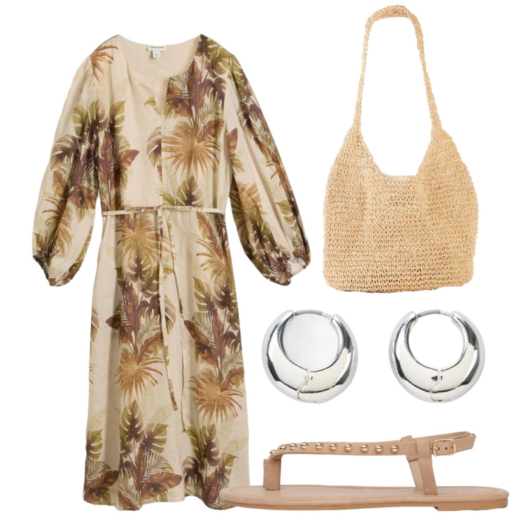 Outfit donna - Agosto. Stile Bon Ton per Tutti i giorni. Abbinamento con vestiti lunghi, shopping bag, orecchini, ciabatte.