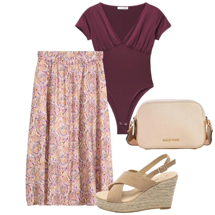 Outfit donna - Agosto body. Stile Romantica per Tutti i giorni. Abbinamento con gonne longuette, borse a tracolla, sandali col tacco, body.