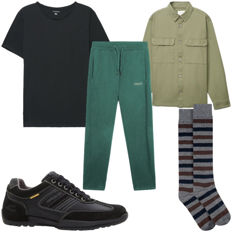 Outfit uomo - Total look #2453777. Stile Trendy per Sport. Abbinamento con sneakers, cappotti, t-shirt, calzini, pantaloni.