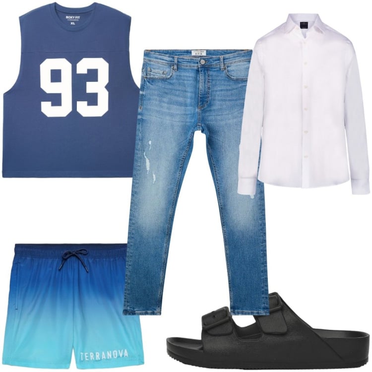 Outfit uomo - Total look #2453778. Stile Trendy per Mare. Abbinamento con jeans strappati, canottiere, sandali, costumi, camicie.