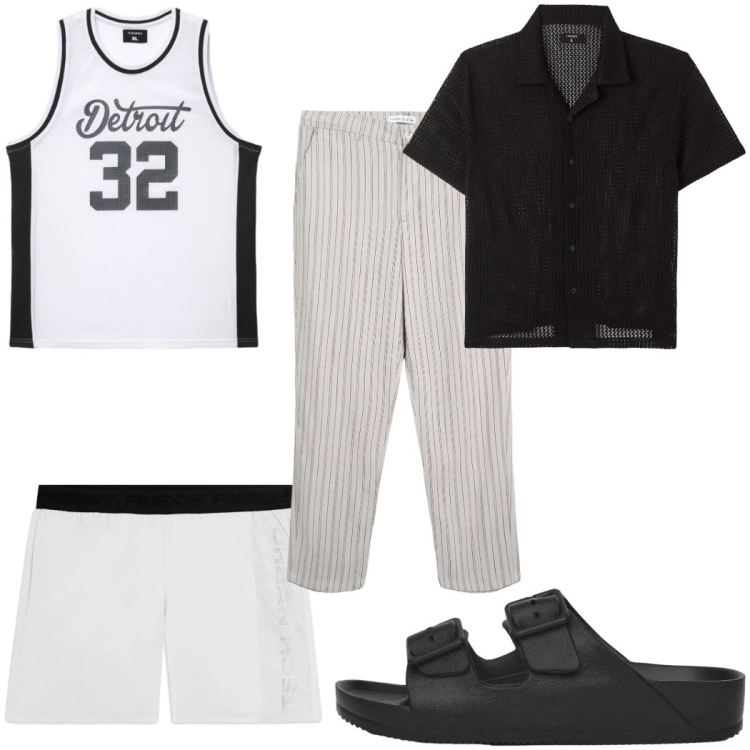 Outfit uomo - Total look #2453779. Stile Trendy per Mare. Abbinamento con camicie a manica corta, pantaloni chino, sandali, canottiere, costumi.