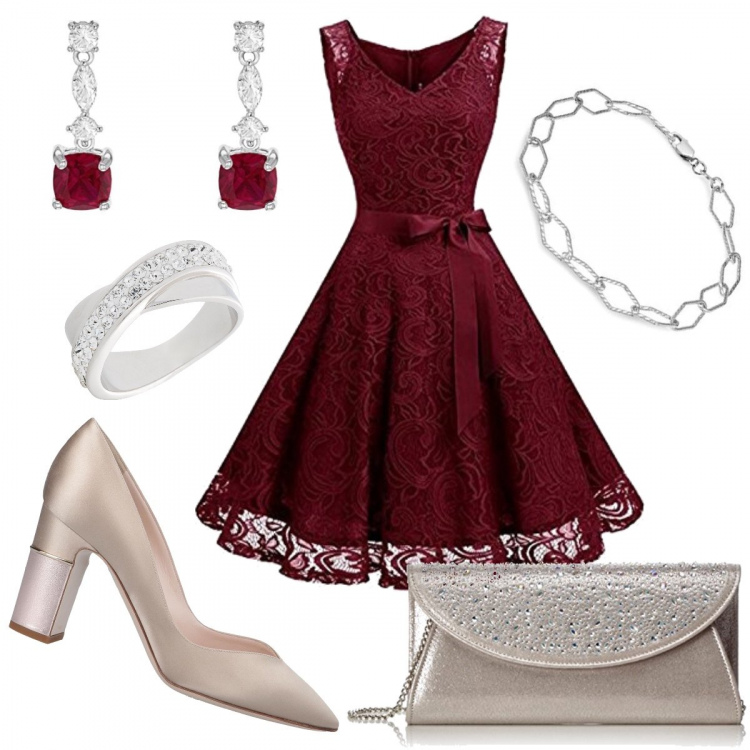 Outfit donna - Una giornata speciale. Stile Bon Ton per Cerimonia. Abbinamento con anelli, décolleté in raso, vestito al ginocchio con pizzo senza maniche rosso, shopping bag, orecchini pendenti in sterling 925 ipoallergenico argento e bianco, bracciale in sterling 925 ipoallergenico argento e bianco.