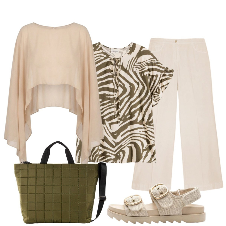 Outfit donna - Tocco sofisticato. Stile Chic per Tutti i giorni. Abbinamento con sandali, tuniche, shopping bag, pantaloni a palazzo, blazer.