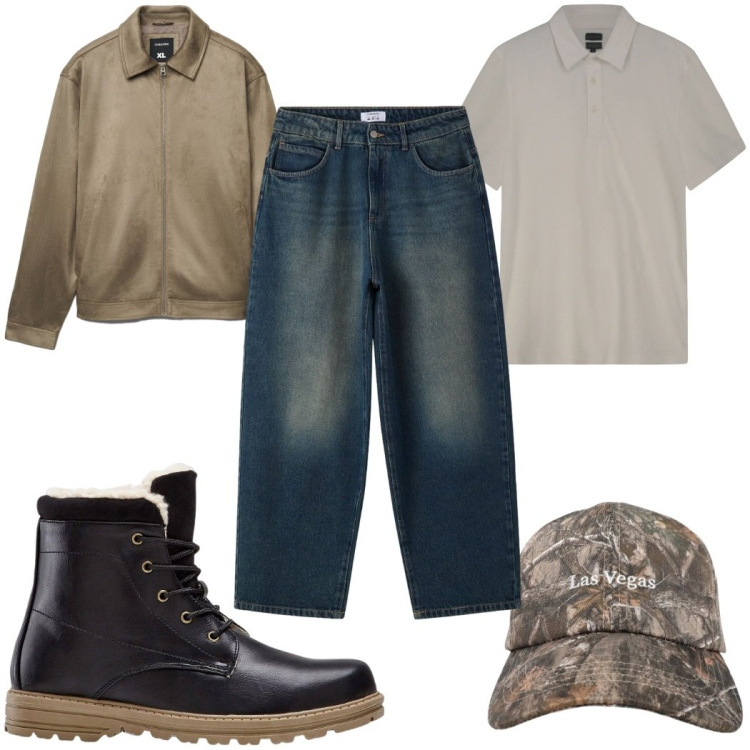 Outfit uomo - Total look #2453782. Stile Trendy per Tutti i giorni. Abbinamento con stivali e stivaletti, giacche, cappelli con visiera, jeans, polo.