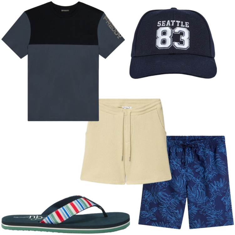 Outfit uomo - Total look #2453783. Stile Trendy per Mare. Abbinamento con costumi, sandali, cappelli con visiera, bermuda, t-shirt.