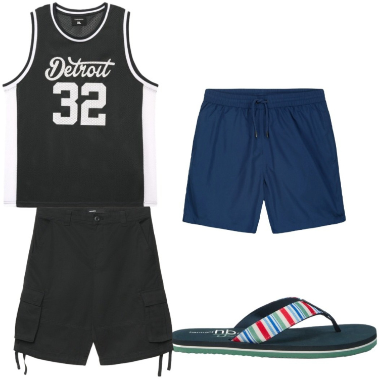 Outfit uomo - Total look #2453784. Stile Trendy per Mare. Abbinamento con sandali, canottiere, shorts, costumi.