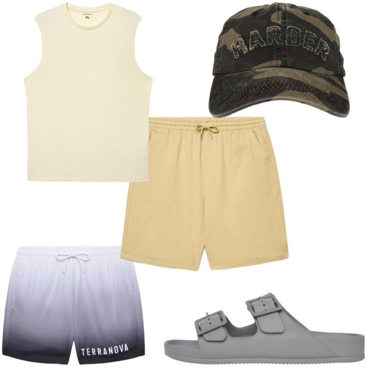 Outfit uomo - Total look #2453786. Stile Trendy per Mare. Abbinamento con cappelli con visiera, sandali, costumi, shorts, canottiere.