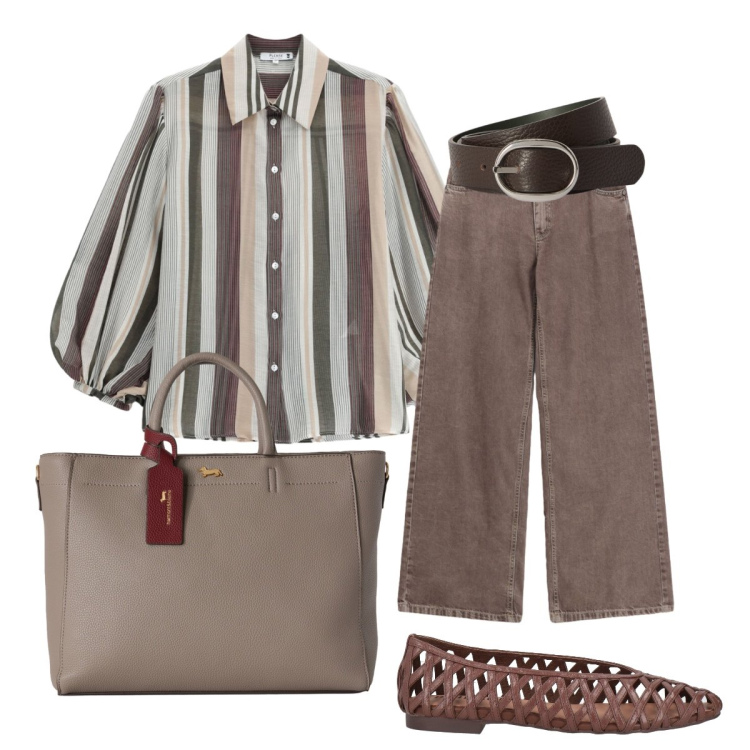 Outfit donna - Elegante e comoda. Stile Chic per Tutti i giorni. Abbinamento con ballerine, camicie, jeans dritti, borse a mano, cinture.