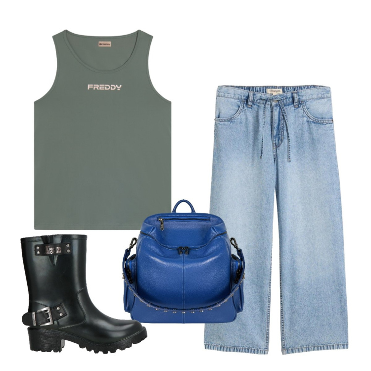 Outfit donna - Sportiva in città. Stile Urban per Tutti i giorni. Abbinamento con stivaletti, jeans, canottiere, zaini.