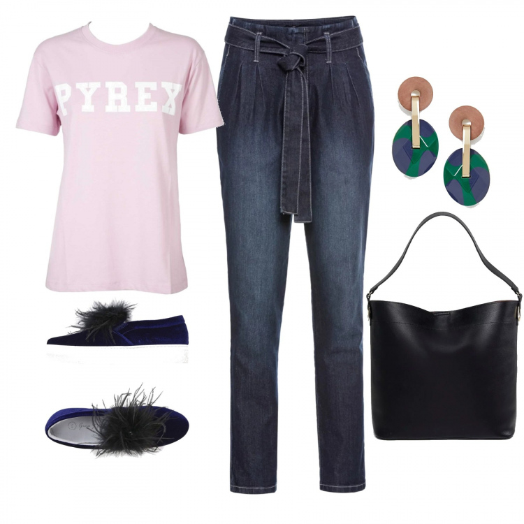 Outfit donna - All\' university. Stile Basic per Scuola/Università. Abbinamento con pantaloni, sneakers tennis, t-shirt maxi contrasto a maniche corte in denim con logo bianco e grigio, orecchini oro, shopping bag oversize contrasto con zip in denim con tasca interna.