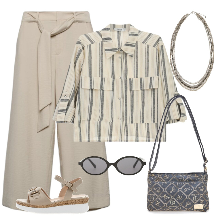 Outfit donna - L\'ampia camicia ed i pantaloni beige. Stile Urban per Tutti i giorni. Abbinamento con pantaloni a palazzo, camicie a manica corta, occhiali da sole, collane, borse a tracolla, sandali.