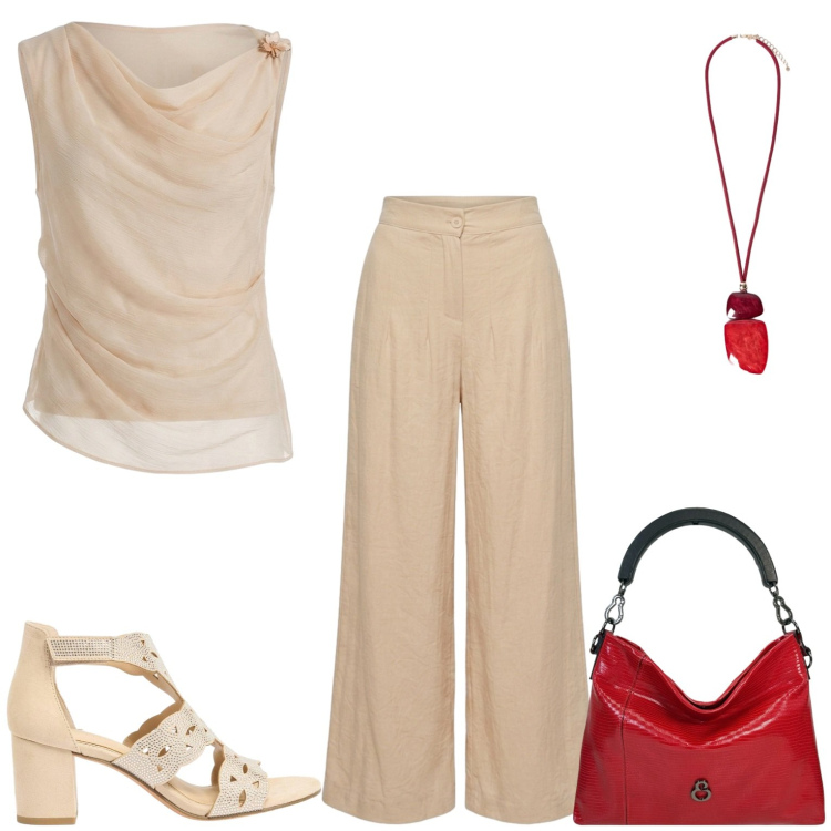 Outfit donna - Serata estive. Stile Casual chic per Tutti i giorni. Abbinamento con sandali col tacco, top, ciondoli, borse a mano, pantaloni a palazzo.