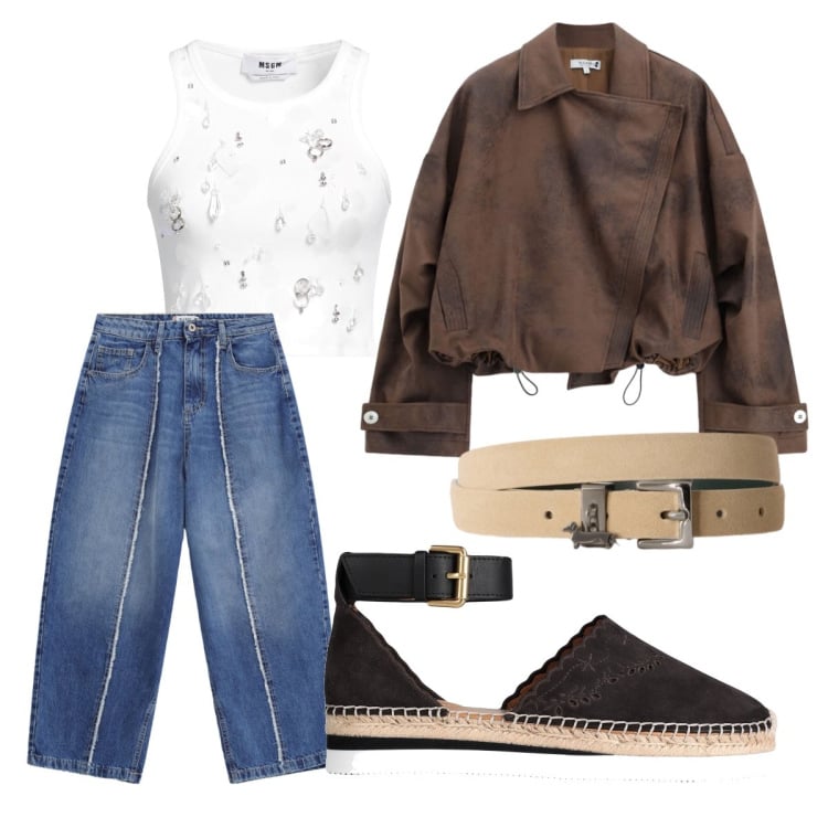 Outfit donna - Urban style con Please. Stile Urban per Serata fuori. Abbinamento con espadrillas, top, jeans dritti, bomber, cinture.