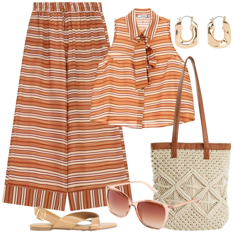 Outfit donna - Righe per il total look estivo. Stile Etnico per Tutti i giorni. Abbinamento con sandali, occhiali da sole, shopping bag, orecchini, pantaloni a palazzo, top.