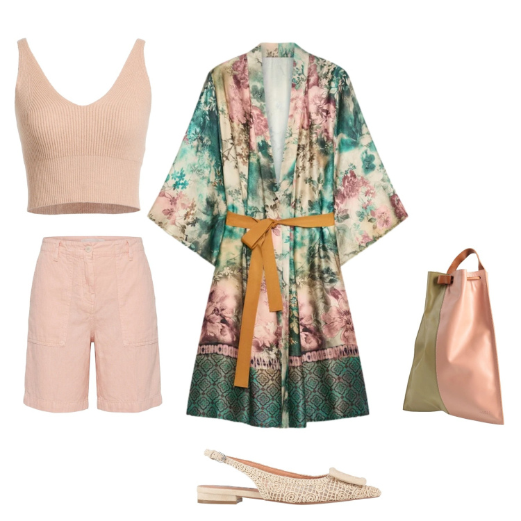 Outfit donna - Sere d\'estate. Stile Chic per Serata fuori. Abbinamento con top, ballerine, zaini, bermuda, kimono.