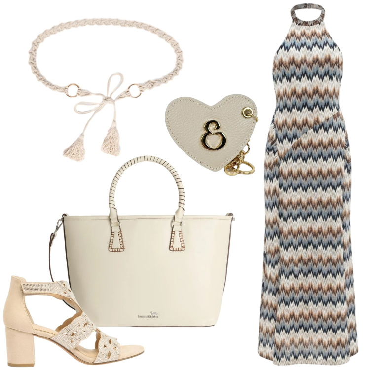 Outfit donna - L\'abito a righe, gli accessori beige. Stile Casual chic per Serata fuori. Abbinamento con sandali col tacco, shopping bag, vestiti lunghi, cinture, portachiavi.
