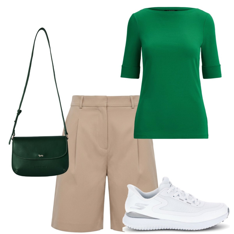 Outfit donna - In giro per musei. Stile Casual per Tutti i giorni. Abbinamento con borse a tracolla, bermuda, t-shirt, sneakers.