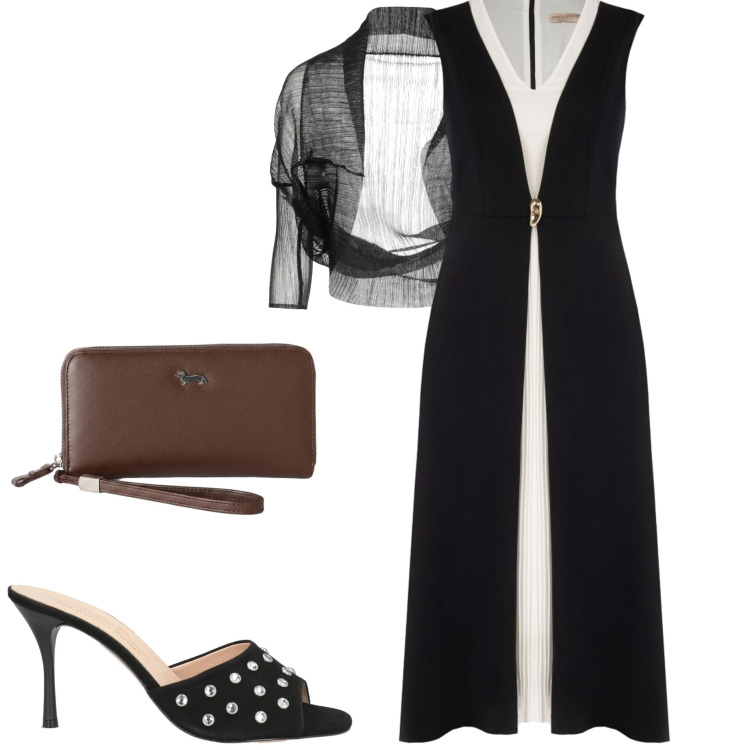 Outfit donna - Cena vista mare. Stile Chic per Mare. Abbinamento con sandali in pelle, blazer, portafogli, vestiti lunghi.