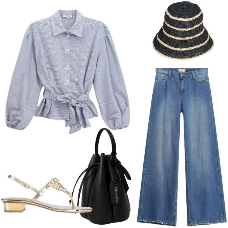 Outfit donna - Total look #2453825. Stile Casual chic per Tutti i giorni. Abbinamento con infradito, cappelli con visiera, jeans dritti, camicie, borse a secchiello.