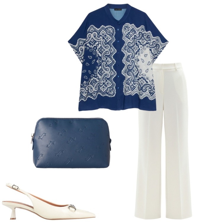 Outfit donna - Cena vista mare. Stile Casual chic per Mare. Abbinamento con décolleté, pochette, pantaloni a palazzo, bluse.
