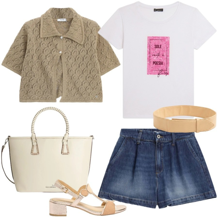 Outfit donna - Total look #2453828. Stile Casual chic per Tutti i giorni. Abbinamento con sandali col tacco, shorts, maglieria, shopping bag, t-shirt, cinture.