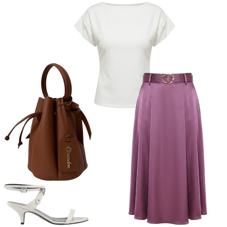 Outfit donna - Cena vista mare. Stile Casual chic per Serata fuori. Abbinamento con sandali in pelle, gonne longuette, t-shirt, borse a secchiello.