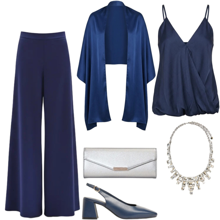 Outfit donna - Cena vista mare - Focus Donna Curvy. Stile Chic per Serata fuori. Abbinamento con décolleté, collane, top, pantaloni a palazzo, stole, clutch.
