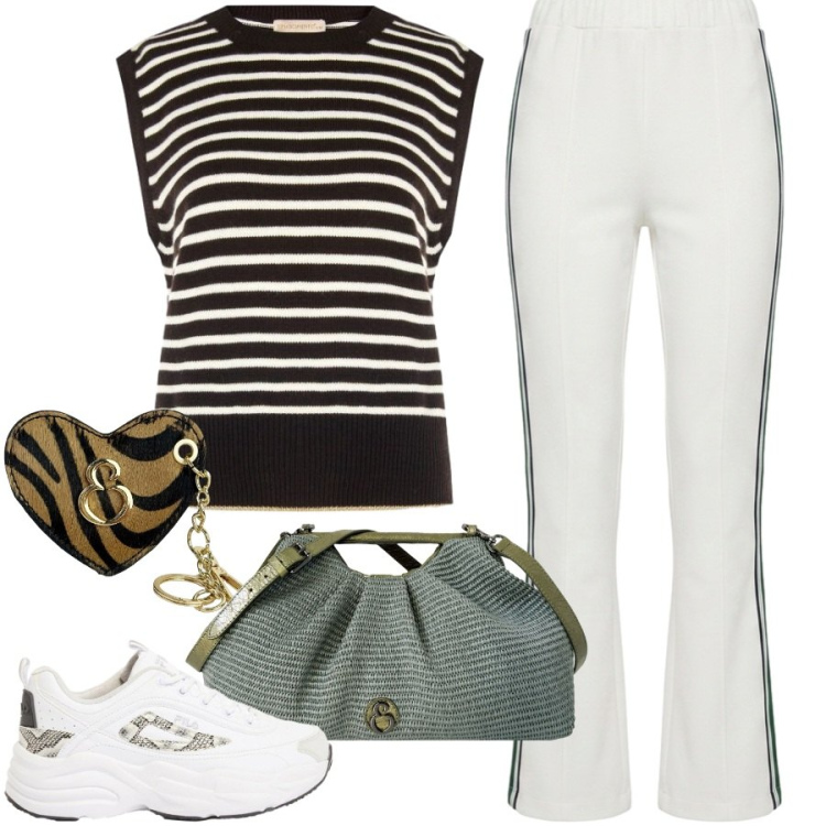 Outfit donna - Righe must-have. Stile Sporty chic per Tutti i giorni. Abbinamento con sneakers, pantaloni, maglieria, clutch, portachiavi.