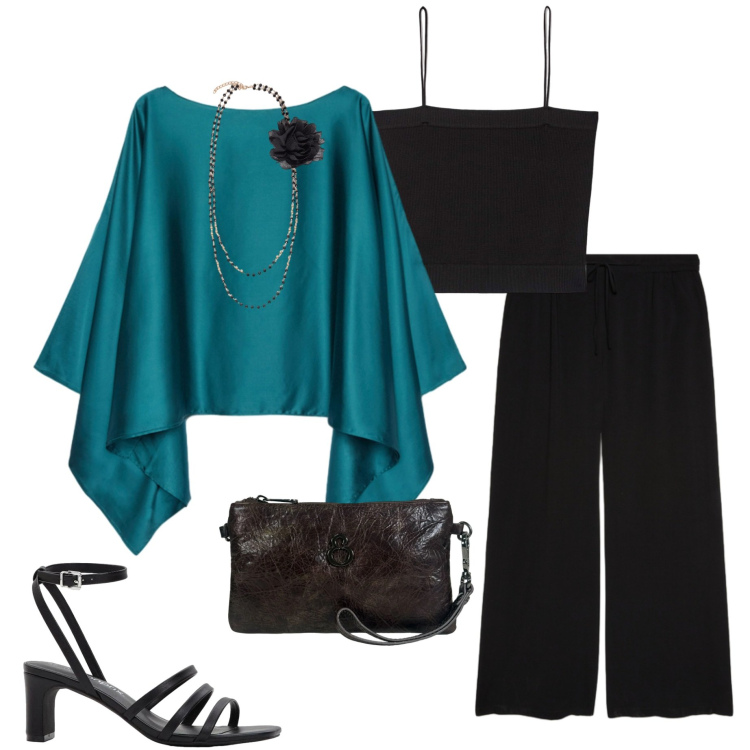 Outfit donna - Cena vista mare. Stile Casual chic per Serata fuori. Abbinamento con sandali col tacco, canottiere, cappe, pantaloni, collane, pochette.
