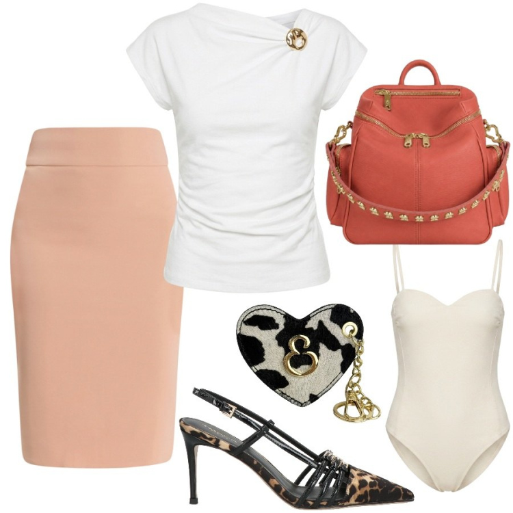 Outfit donna - Rientro con stile. Stile Chic per Ufficio. Abbinamento con décolleté, gonne longuette, portachiavi, zaini, body, t-shirt.