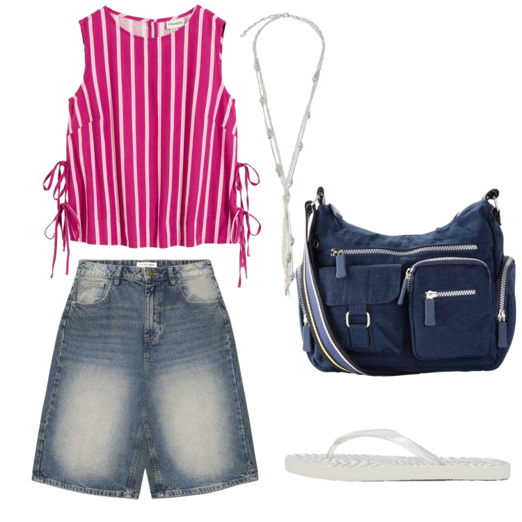 Outfit donna - Agosto ufficio non ti conosco. Stile Casual per Tutti i giorni. Abbinamento con canottiere, borse a tracolla, pantaloni corti, infradito, collane.