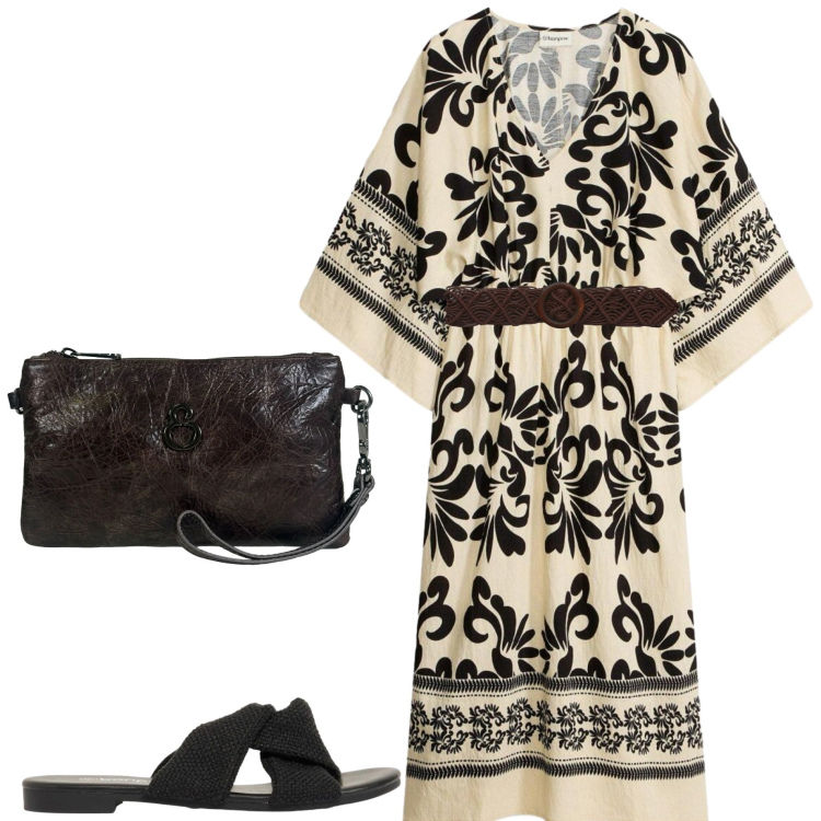 Outfit donna - Cena vista mare. Stile Casual chic per Serata fuori. Abbinamento con vestiti midi/longuette, sandali, cinture, pochette.