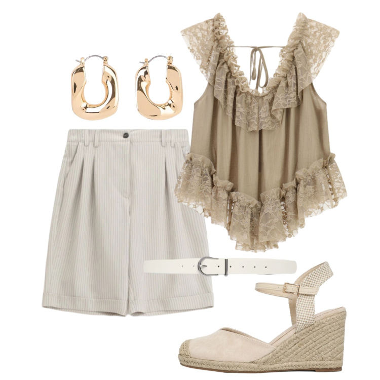 Outfit donna - Agosto. Stile Trendy per Serata fuori. Abbinamento con orecchini, zeppe, cinture, bermuda, top.