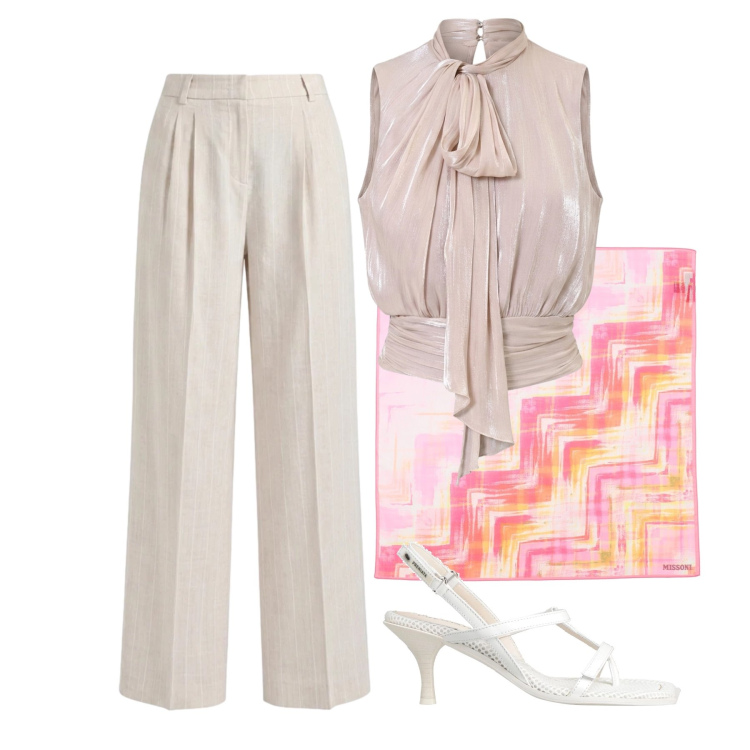 Outfit donna - Agosto. Stile Glamour per Serata fuori. Abbinamento con infradito, sciarpe, pantaloni, top.