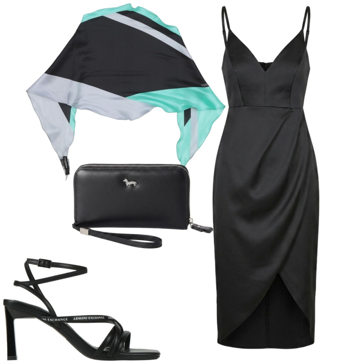 Outfit donna - Cena vista mare. Stile Chic per Serata fuori. Abbinamento con sandali col tacco, stole, portafogli, vestiti asimmetrici.
