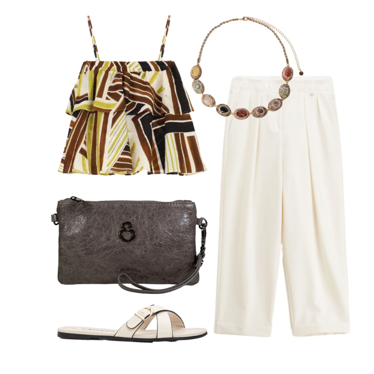 Outfit donna - Agosto. Stile Trendy per Serata fuori. Abbinamento con ciabatte, pantaloni, top, collane, pochette.