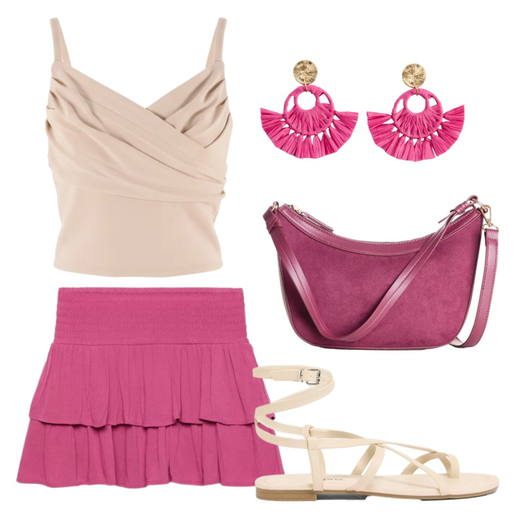 Outfit donna - W le vacanze. Stile Sexy per Serata fuori. Abbinamento con borse a tracolla, orecchini, sandali, minigonne, top.